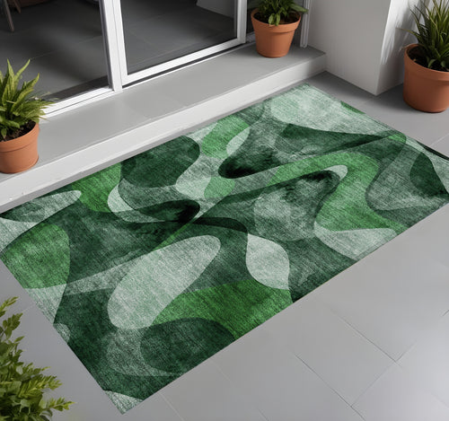 2 X 3 Fern Green Abstract Washable Non Skid Indoor Outdoor Area Rug
