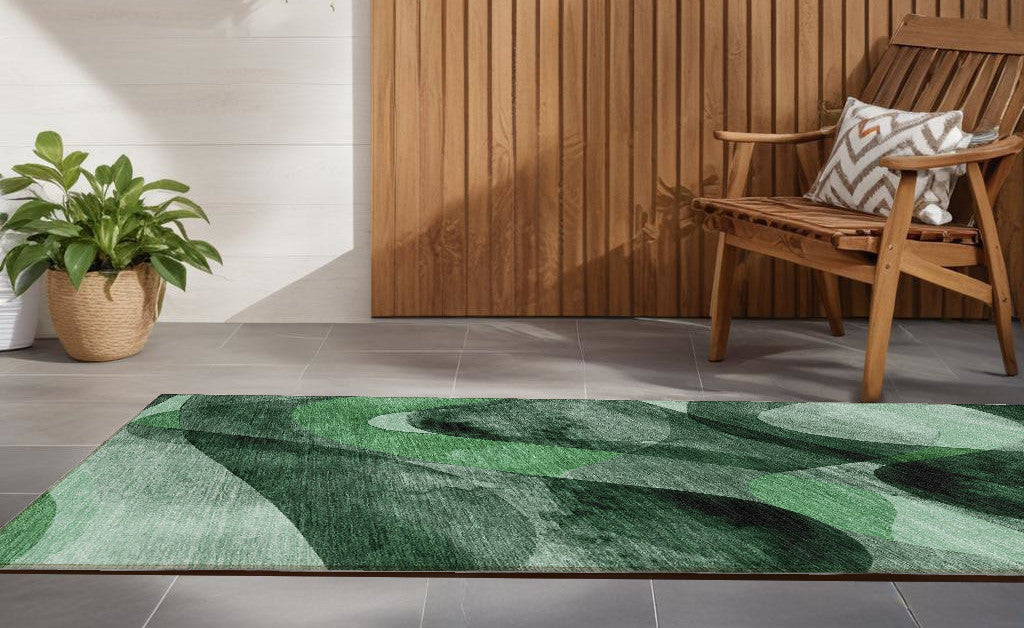 8 Runner Fern Green Abstract Washable Non Skid Indoor Outdoor Runner Rug