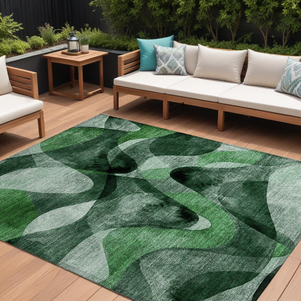 8 X 10 Fern Green Abstract Washable Non Skid Indoor Outdoor Area Rug