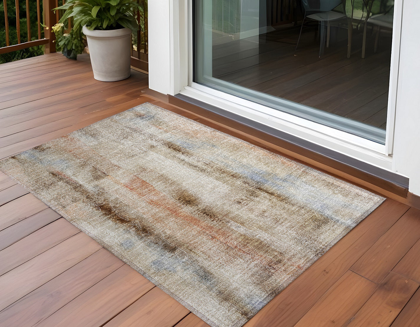 2 X 3 Beige and Brown Washable Non Skid Indoor Outdoor Area Rug