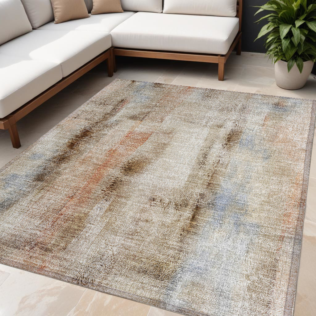 5 X 8 Beige and Brown Washable Non Skid Indoor Outdoor Area Rug