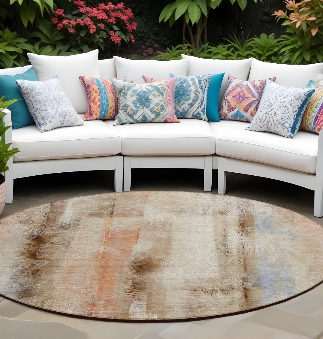 8 Round Beige and Brown Round Washable Non Skid Indoor Outdoor Area Rug