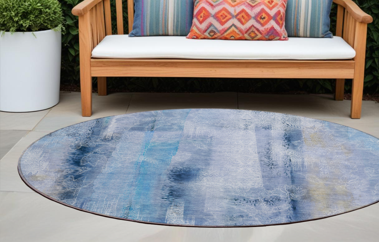 8 Round Blue Round Washable Non Skid Indoor Outdoor Area Rug