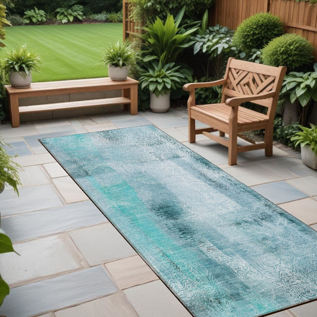8 Runner Teal Washable Non Skid Indoor Outdoor Runner Rug