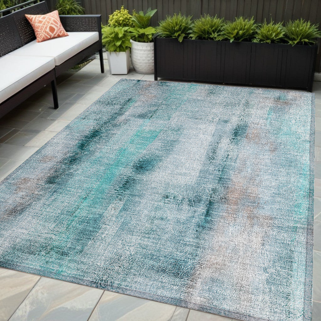 5 X 8 Teal Washable Non Skid Indoor Outdoor Area Rug