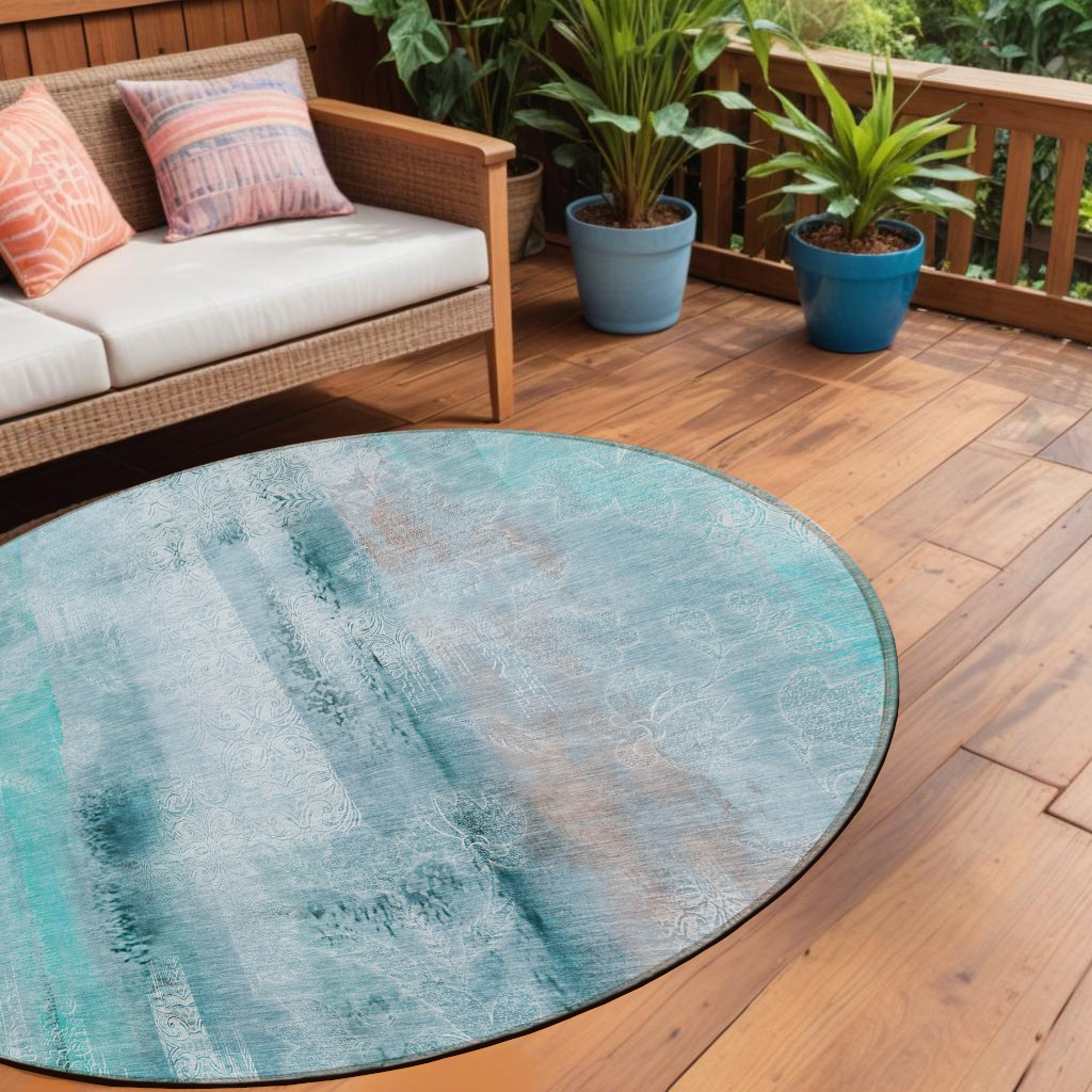 8 Round Teal Round Washable Non Skid Indoor Outdoor Area Rug