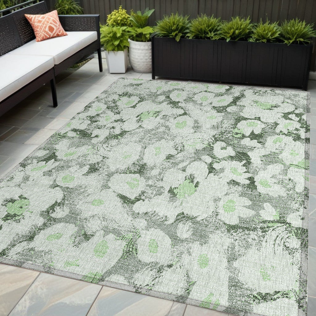 5 X 8 Artichoke Green Floral Washable Non Skid Indoor Outdoor Area Rug