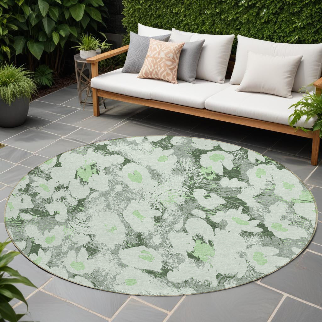 8 Round Artichoke Green Round Floral Washable Non Skid Indoor Outdoor Area Rug
