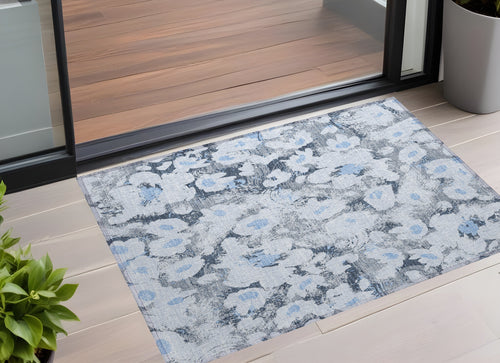 2 X 3 Denim Blue Floral Washable Non Skid Indoor Outdoor Area Rug