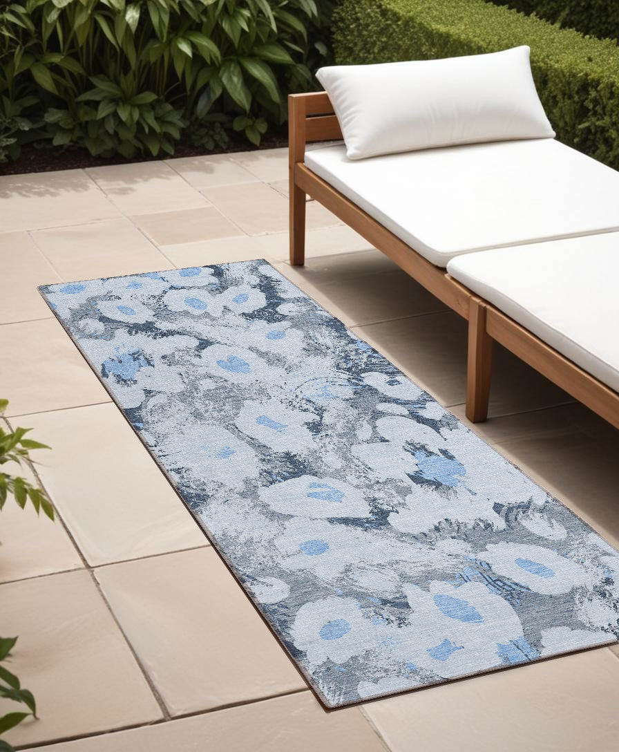 8 Runner Denim Blue Floral Washable Non Skid Indoor Outdoor Runner Rug