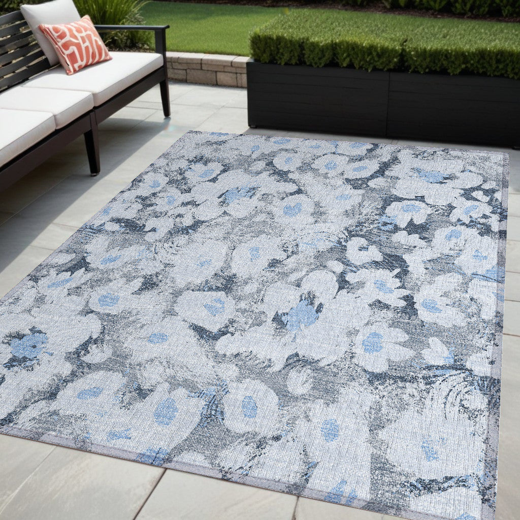 5 X 8 Denim Blue Floral Washable Non Skid Indoor Outdoor Area Rug
