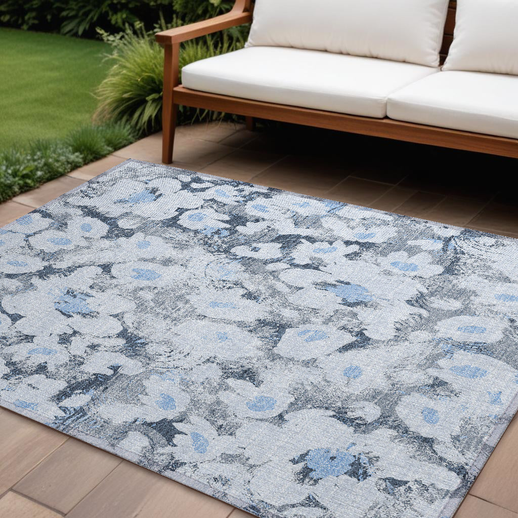 10 X 14 Denim Blue Floral Washable Non Skid Indoor Outdoor Area Rug