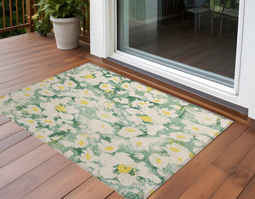 2 X 3 Green Floral Washable Non Skid Indoor Outdoor Area Rug