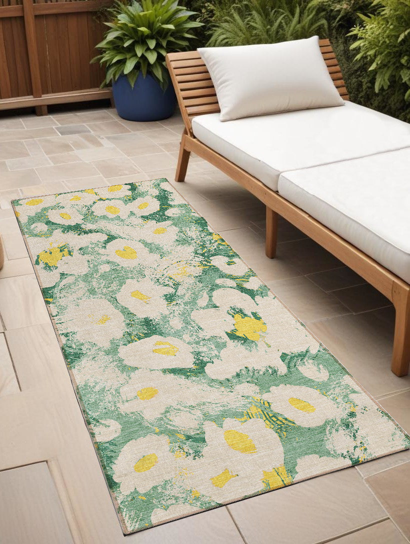 8 Runner Green Floral Washable Non Skid Indoor Outdoor Runner Rug