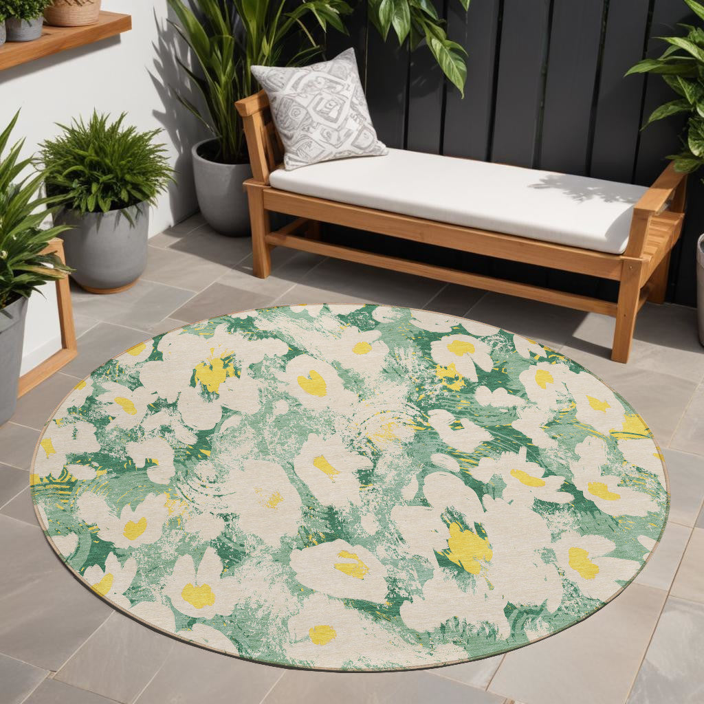 8 Round Green Round Floral Washable Non Skid Indoor Outdoor Area Rug