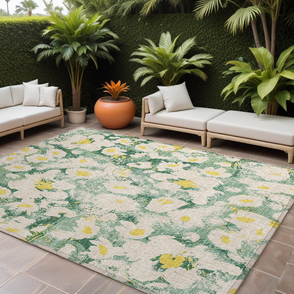 9 X 12 Green Floral Washable Non Skid Indoor Outdoor Area Rug