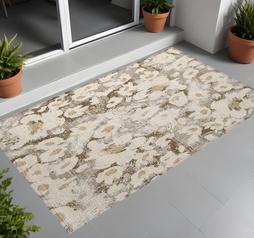 2 X 3 Khaki Floral Washable Non Skid Indoor Outdoor Area Rug