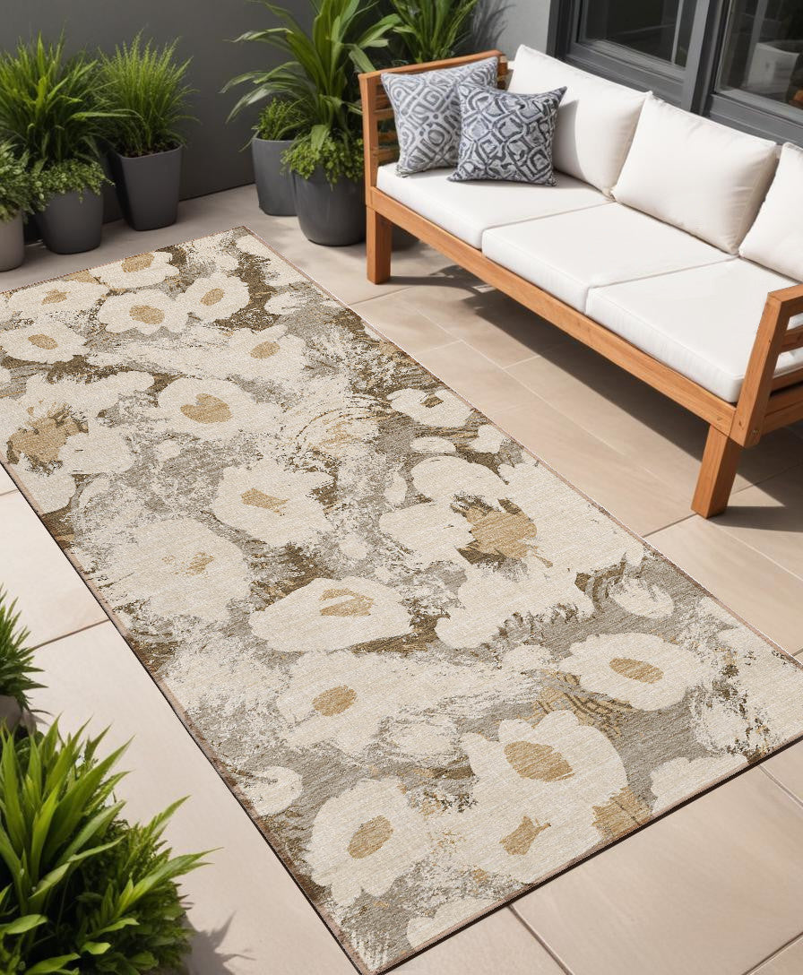 8 Runner Khaki Floral Washable Non Skid Indoor Outdoor Runner Rug