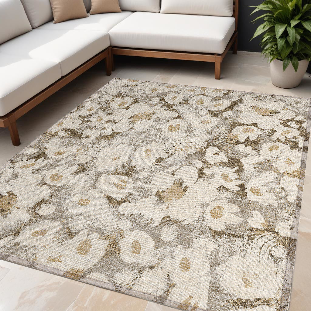 5 X 8 Khaki Floral Washable Non Skid Indoor Outdoor Area Rug