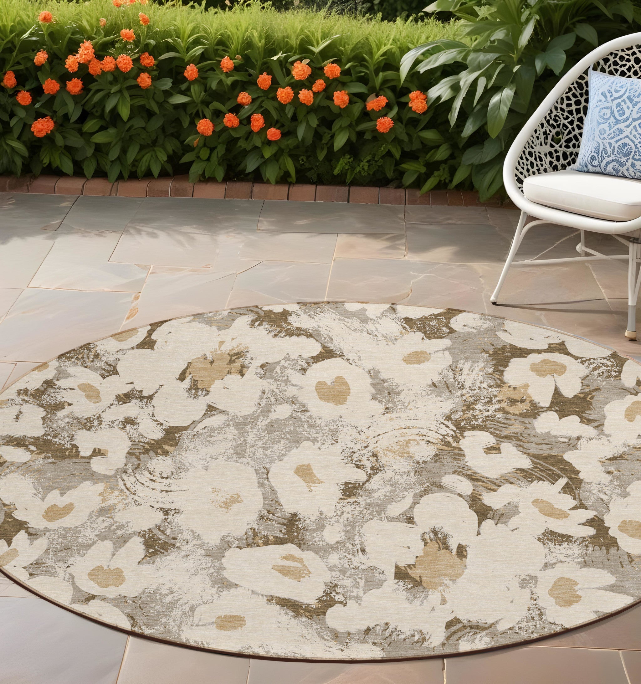 8 Round Khaki Round Floral Washable Non Skid Indoor Outdoor Area Rug
