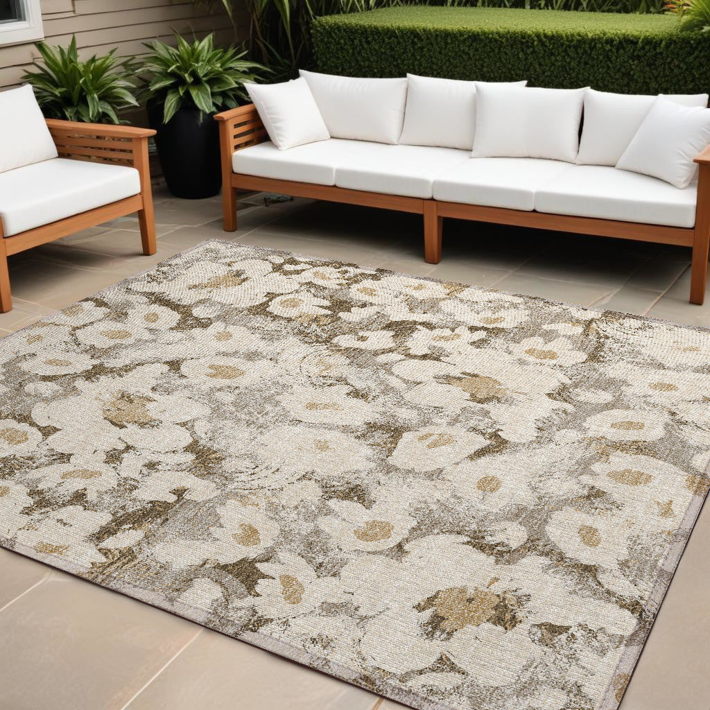 10 X 14 Khaki Floral Washable Non Skid Indoor Outdoor Area Rug