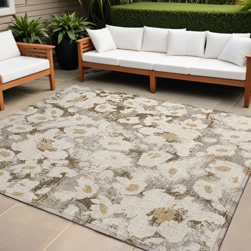 10 X 14 Khaki Floral Washable Non Skid Indoor Outdoor Area Rug