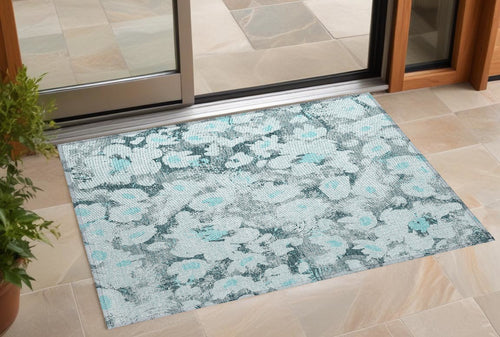 2 X 3 Teal Floral Washable Non Skid Indoor Outdoor Area Rug