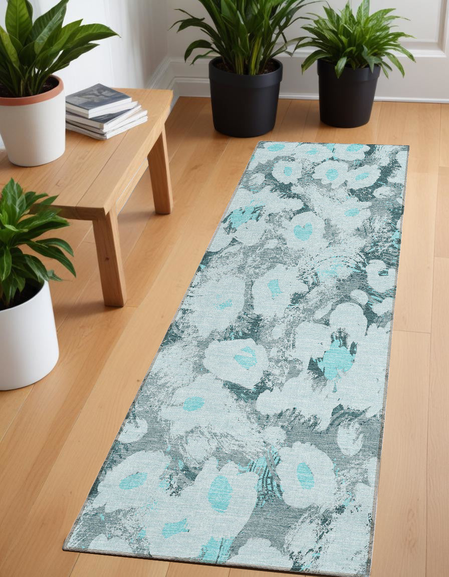 8 Runner Teal Floral Washable Non Skid Indoor Outdoor Runner Rug