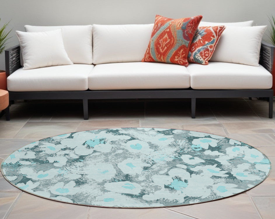 8 Round Teal Round Floral Washable Non Skid Indoor Outdoor Area Rug