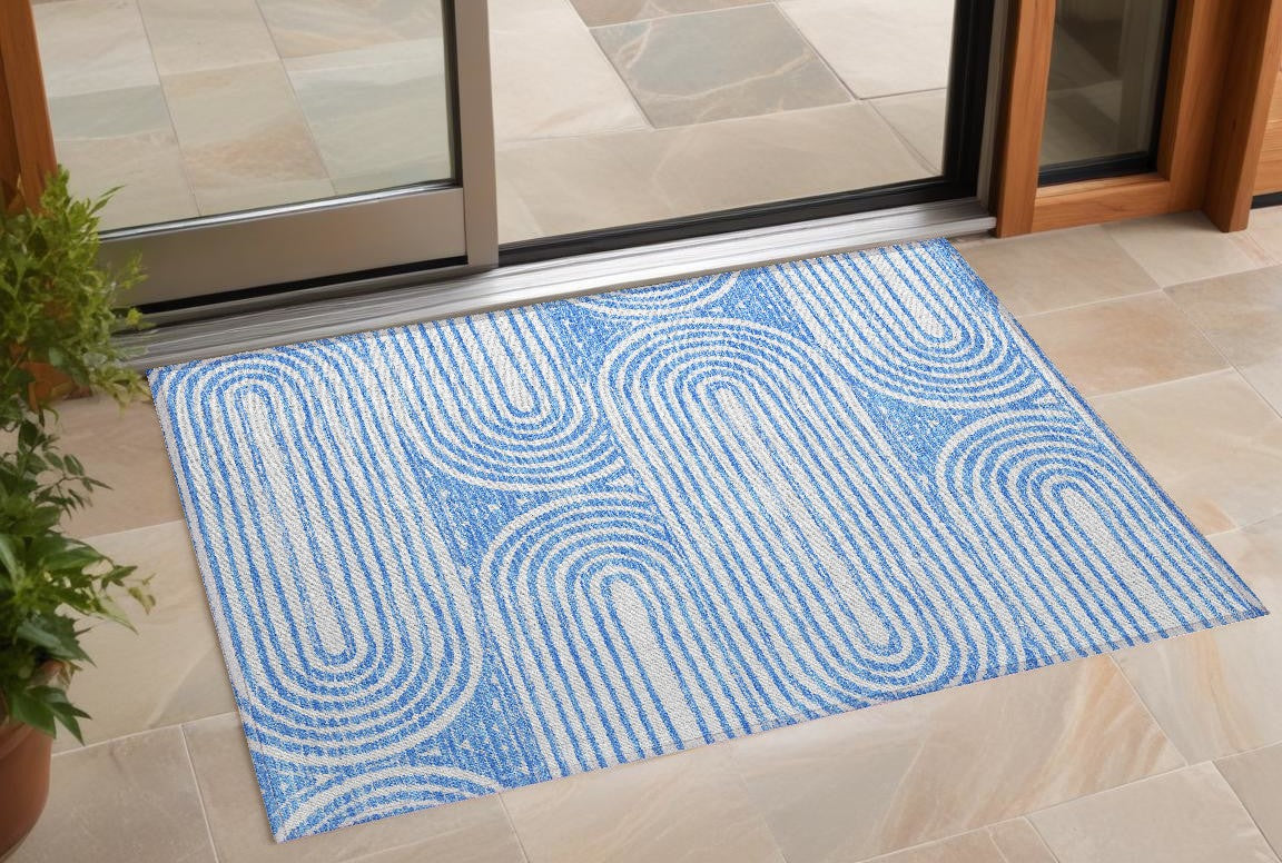 2 X 3 Blue and White Abstract Washable Non Skid Indoor Outdoor Area Rug