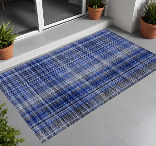 2 X 3 Navy Blue Plaid Washable Non Skid Indoor Outdoor Area Rug