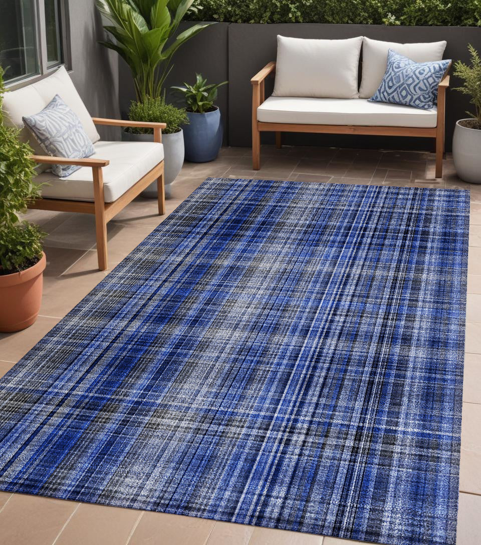 5 X 8 Navy Blue Plaid Washable Non Skid Indoor Outdoor Area Rug