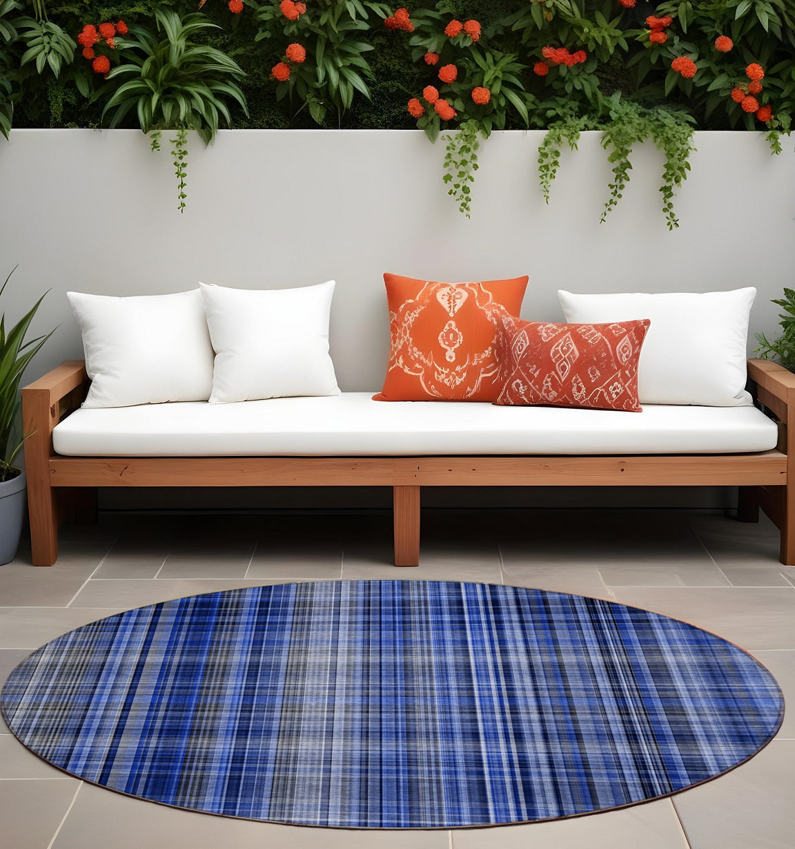 8 Round Navy Blue Round Plaid Washable Non Skid Indoor Outdoor Area Rug