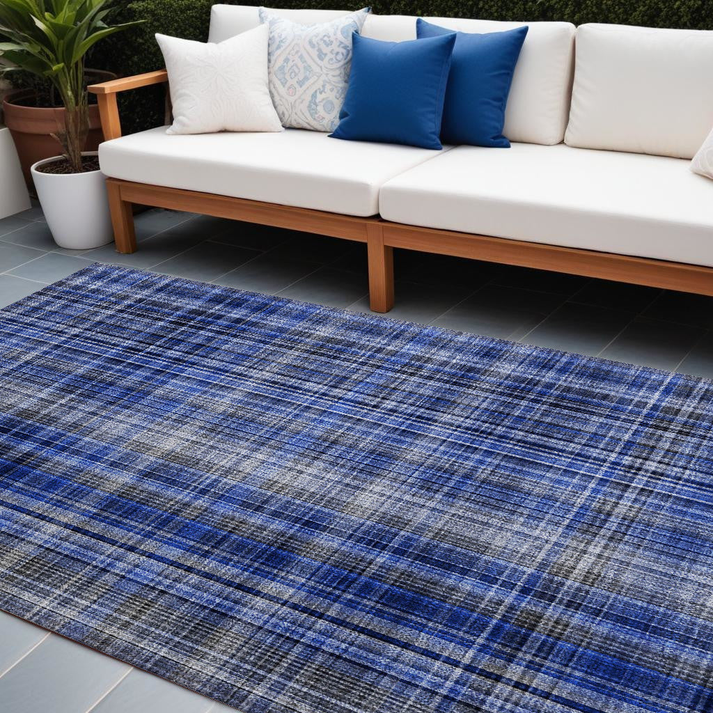 9 X 12 Navy Blue Plaid Washable Non Skid Indoor Outdoor Area Rug