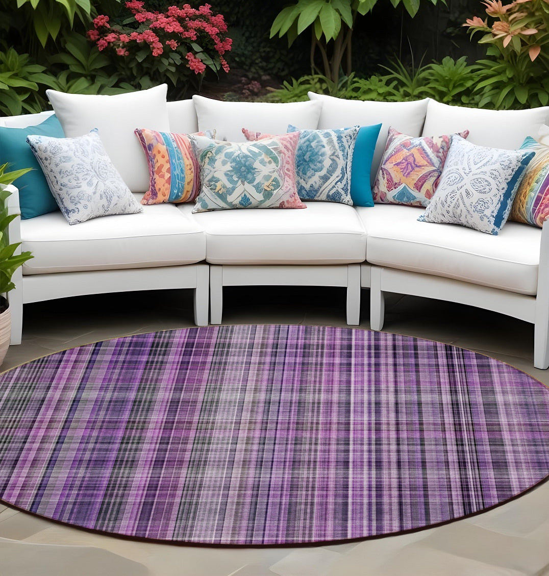 8 Round Purple Round Plaid Washable Non Skid Indoor Outdoor Area Rug
