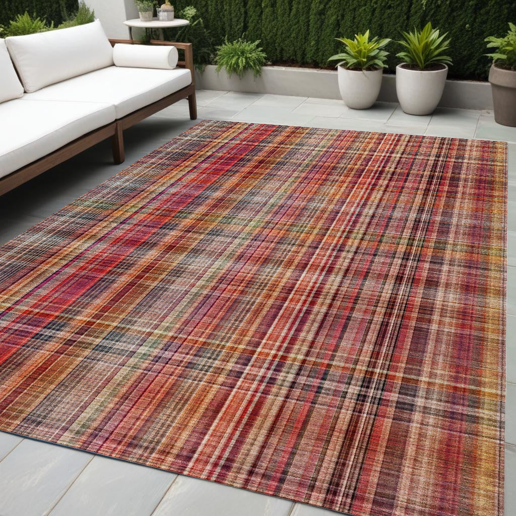 5 X 8 Red Plaid Washable Non Skid Indoor Outdoor Area Rug