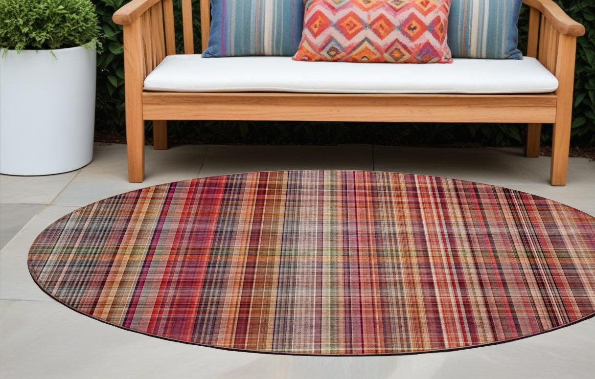 8 Round Red Round Plaid Washable Non Skid Indoor Outdoor Area Rug