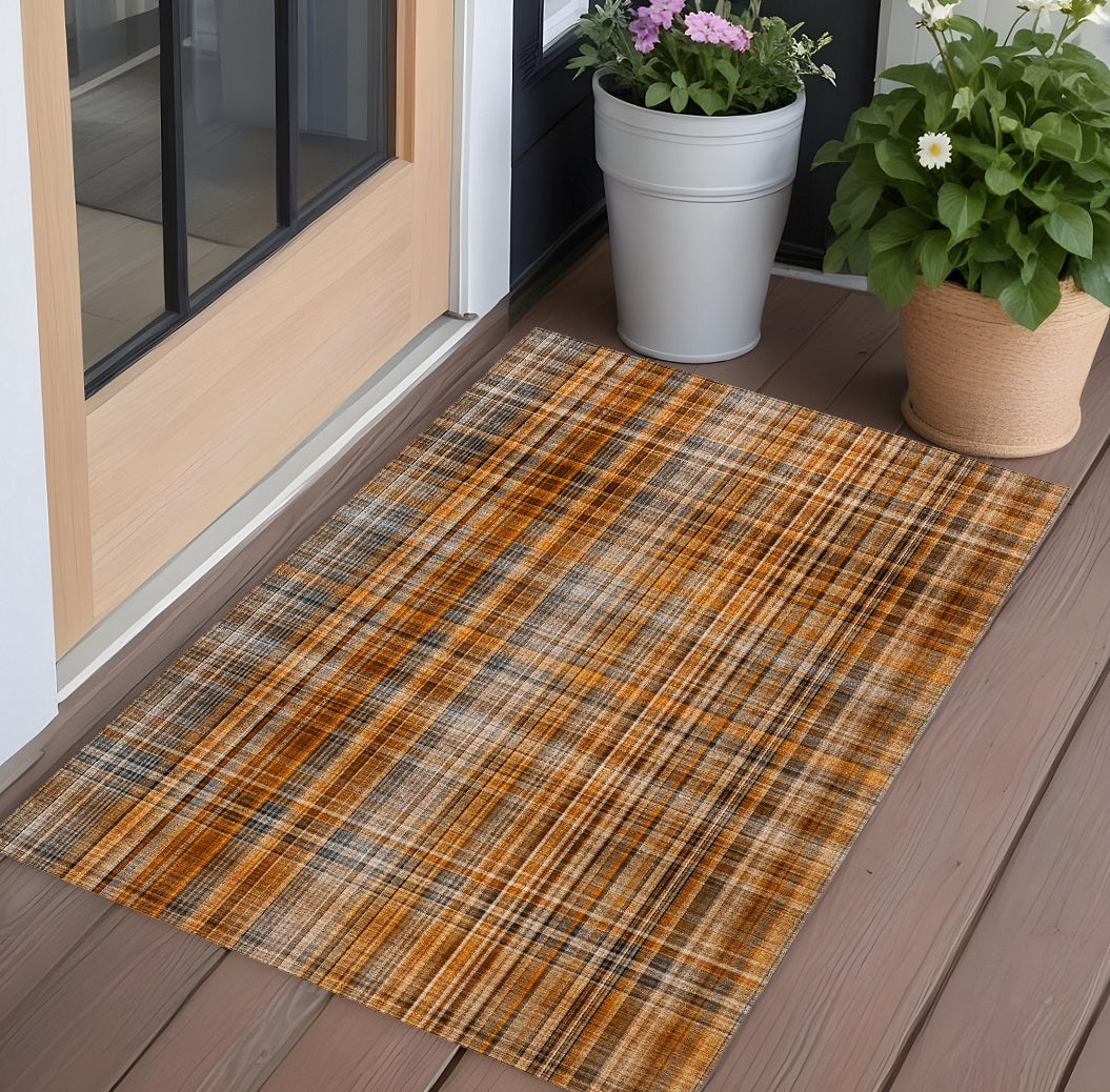 3 X 5 Terra Cotta Plaid Washable Non Skid Indoor Outdoor Area Rug