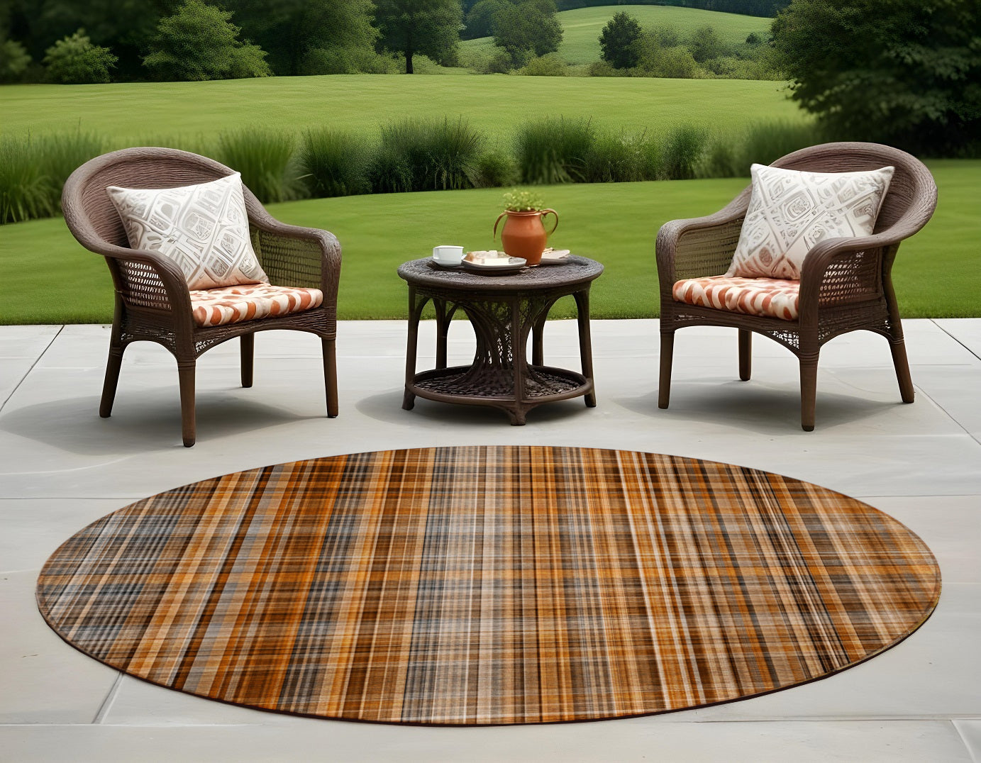 8 Round Terra Cotta Round Plaid Washable Non Skid Indoor Outdoor Area Rug