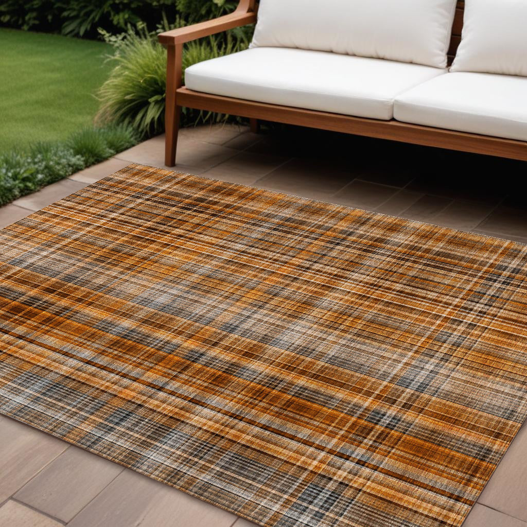 10 X 14 Terra Cotta Plaid Washable Non Skid Indoor Outdoor Area Rug