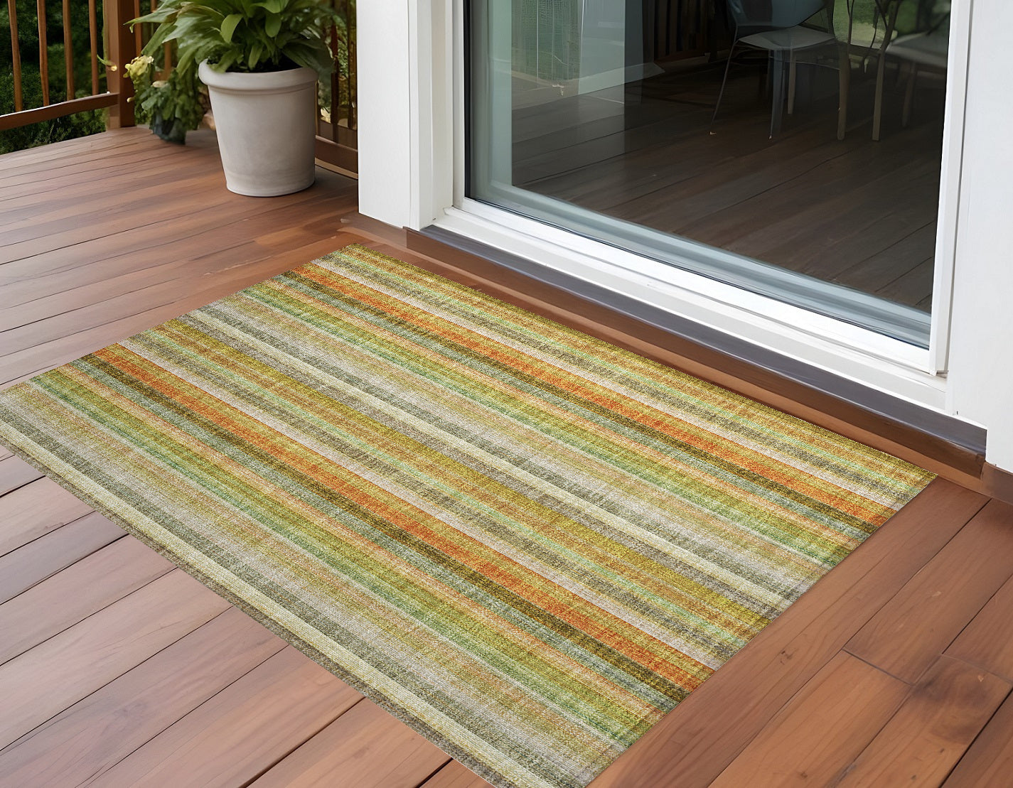 2 X 3 Tan Orange and Green Striped Washable Non Skid Indoor Outdoor Area Rug