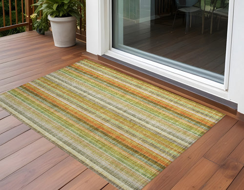 2 X 3 Tan Orange and Green Striped Washable Non Skid Indoor Outdoor Area Rug