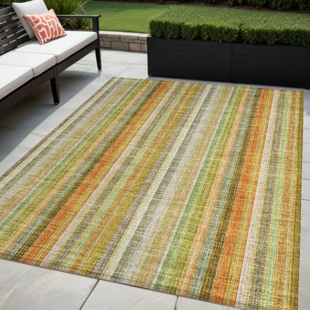 5 X 8 Tan Orange and Green Striped Washable Non Skid Indoor Outdoor Area Rug
