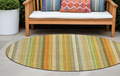8 Round Tan Orange and Green Round Striped Washable Non Skid Indoor Outdoor Area Rug