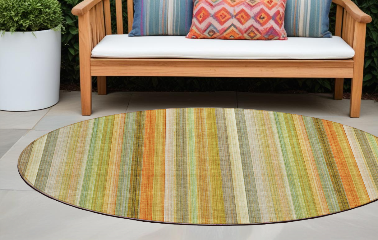 8 Round Tan Orange and Green Round Striped Washable Non Skid Indoor Outdoor Area Rug