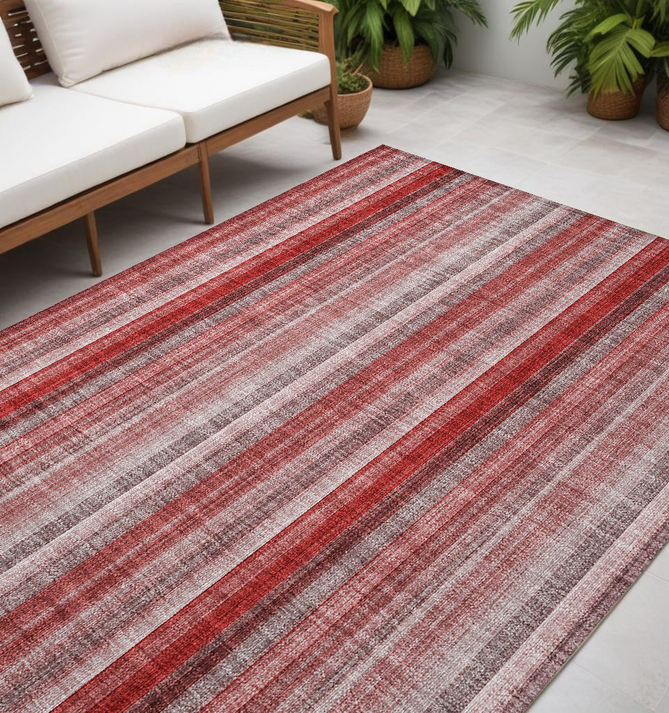 5 X 8 Gray Pink and Red Striped Washable Non Skid Indoor Outdoor Area Rug