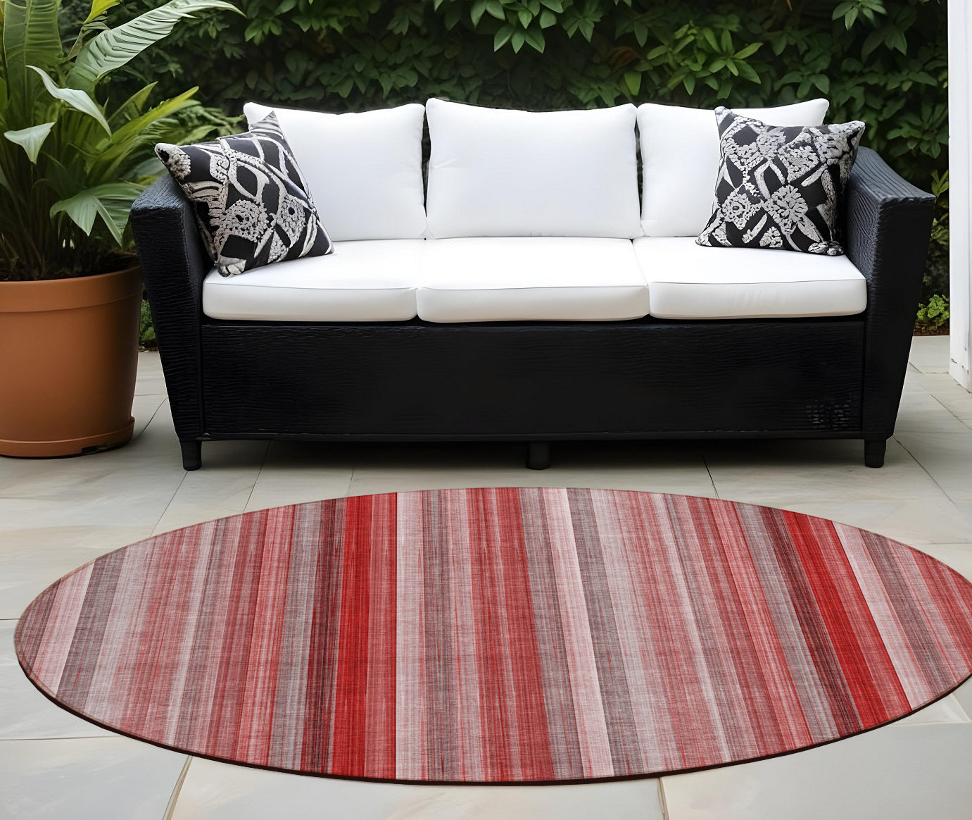 8 Round Gray Pink and Red Round Striped Washable Non Skid Indoor Outdoor Area Rug