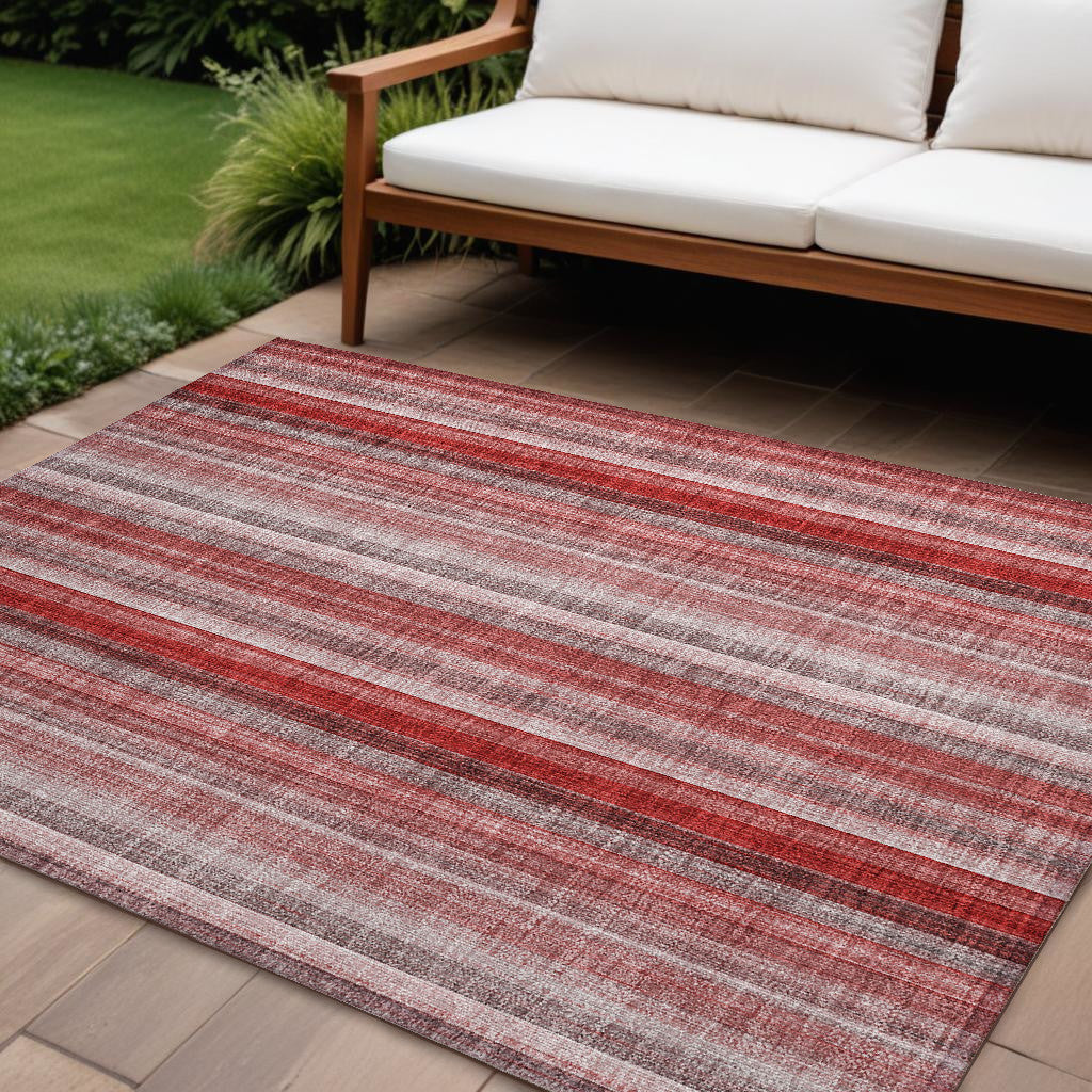 8 X 10 Gray Pink and Red Striped Washable Non Skid Indoor Outdoor Area Rug