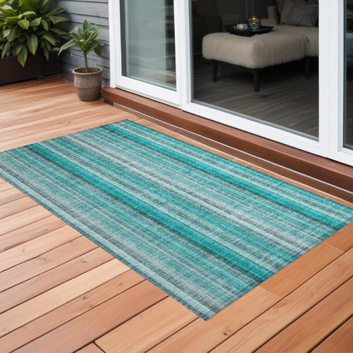 2 X 3 Teal and Gray Striped Washable Non Skid Indoor Outdoor Area Rug