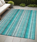 5 X 8 Teal and Gray Striped Washable Non Skid Indoor Outdoor Area Rug